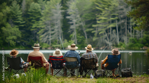 A group of senior citizens fishing in a lake