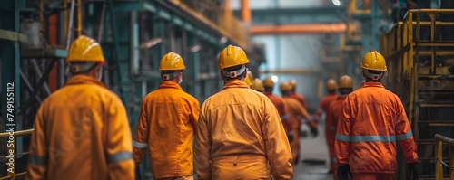 A group of workers in hard hats and orange uniforms are walking in a factory, back view 