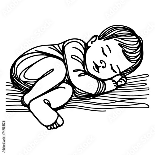Continuous one black line art hand drawing newborn lying or sleeping doodles outline style vector illustration on white background