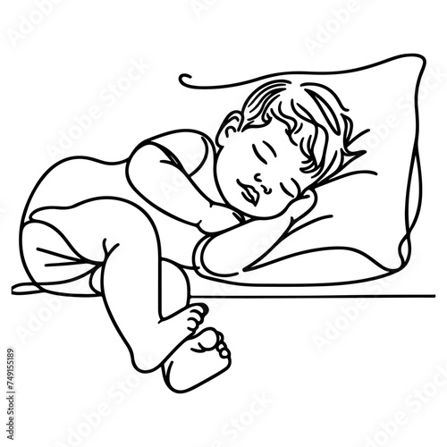 Continuous one black line art hand drawing newborn lying or sleeping doodles outline style vector illustration on white background