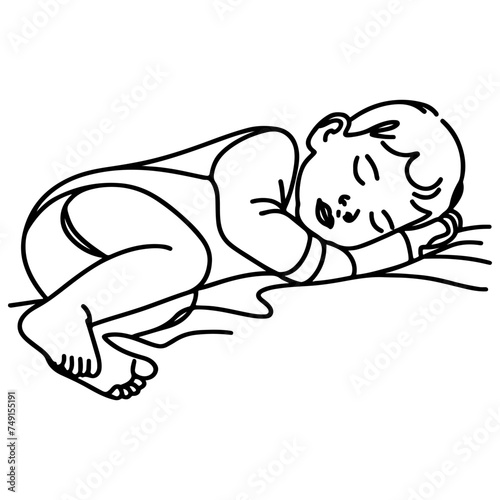 Continuous one black line art hand drawing newborn lying or sleeping doodles outline style vector illustration on white background