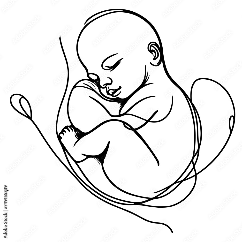Obraz premium Continuous one black line art hand drawing newborn lying or sleeping doodles outline style vector illustration on white background