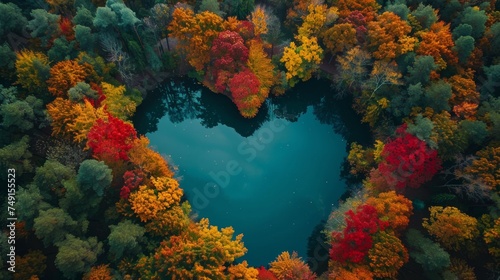 temperate deciduous forest, Autumn forest orange red are rivers heart stream and pine carpet oak beech maple tree willow mysterious colorful leaves trees nature seasons landscape Top view background