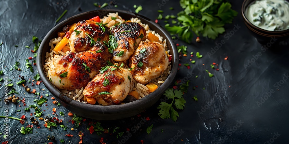 Chicken biryani, a spicy Indian rice dish popular in Malabar, Hyderabad