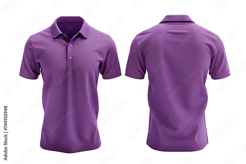 Front and back purple polo shirt mockup, white background PNG