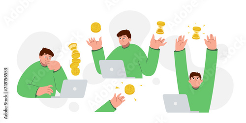 Illustration set of a flat-style man investing the money. Financial vector artwork to passive income. Vector business illustration, men in green sweaters with laptops. 