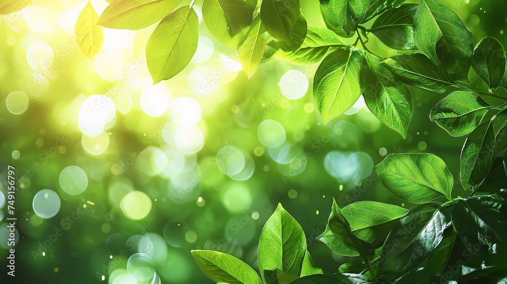 Fresh healthy green bio background with abstract blurred foliage and bright summer sunlight 