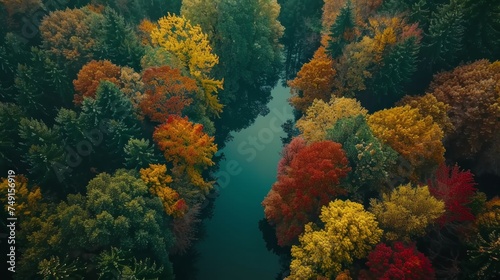temperate deciduous forest, Autumn forest orange red are rivers stream and pine carpet oak beech maple tree willow mysterious colorful leaves trees nature change seasons landscape Top view background