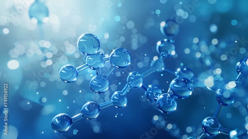 Blue themed 3D illustration captures a molecule model highlighting the elegance of chemical connections in cool hues