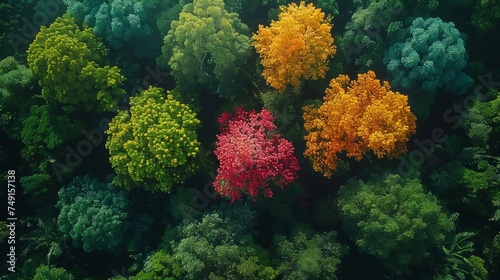 temperate deciduous forest, Autumn forest orange red are rivers stream and pine carpet oak beech maple tree willow mysterious colorful leaves trees nature change seasons landscape Top view background © Sittipol 
