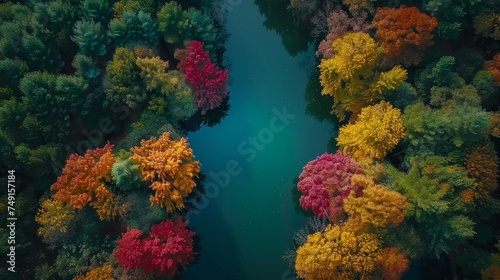 temperate deciduous forest  Autumn forest orange red are rivers stream and pine carpet oak beech maple tree willow mysterious colorful leaves trees nature change seasons landscape Top view background