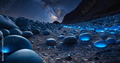 A lakeside scene filled with pebbles and rocks that reflects light at night on a planet. ai generative photo