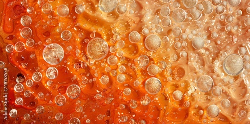 Close-up view of numerous water bubbles covering a surface, reflecting light and creating intricate patterns.