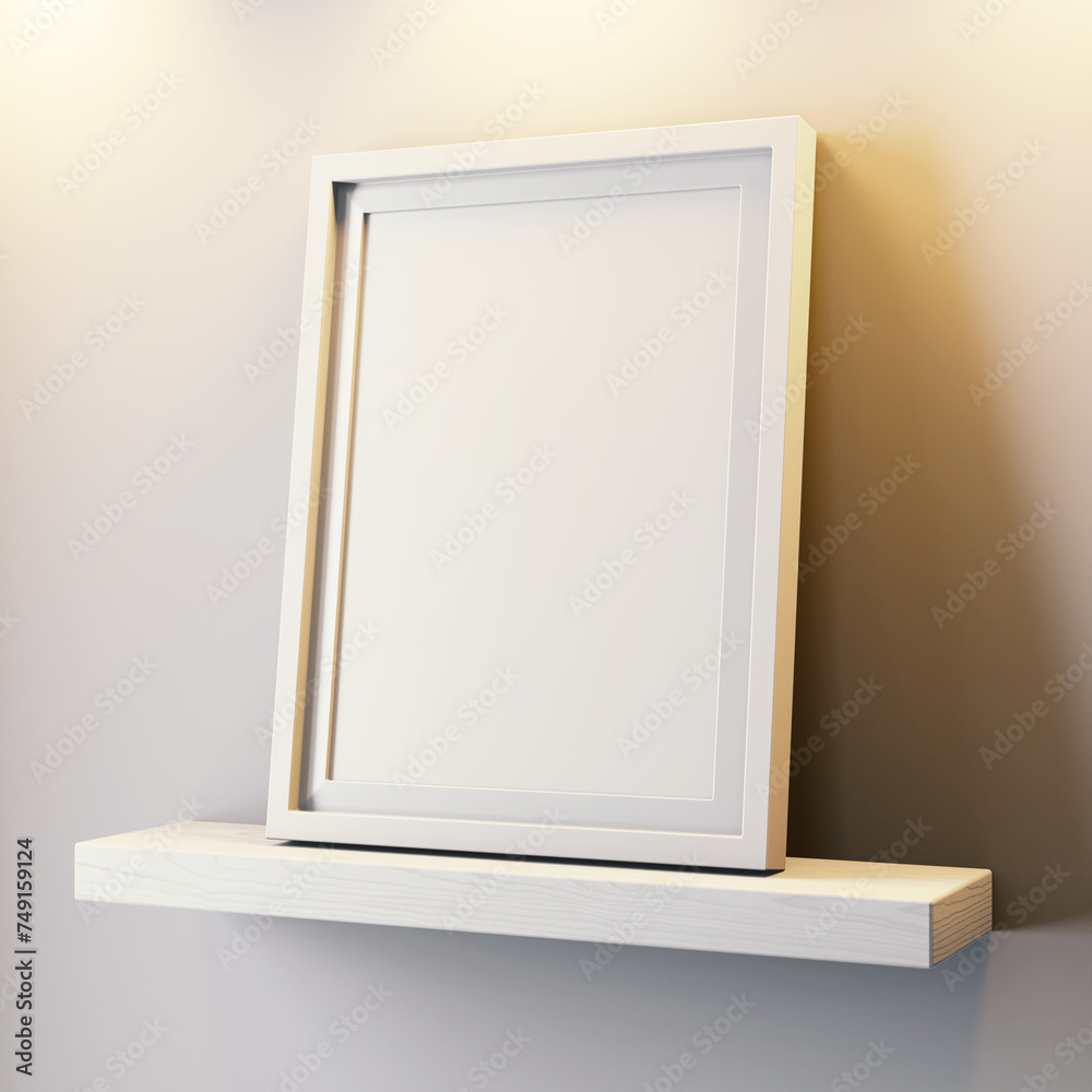 empty modern clean a4 size paper landscape academic certificate poster on simple white frame on white painted shelf in warm interior light realistic mockup isolated 3d rendering illustration empty modern clean a4 size paper landscape academic certificate poster on simple white frame on white painted shelf in warm interior light realistic mockup isolated 3d rendering illustration