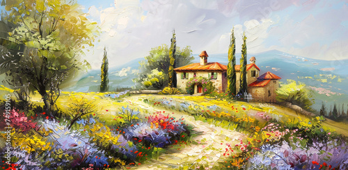 Spring french landscape  and flowers, Oil paintig banner, panorama