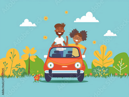 illustration of a young couple of tourists traveling by car