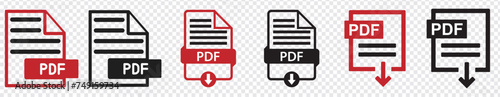 PDF file format icons set. PDF file download symbols. Format for texts, images, vector images, videos, interactive forms - stock vector.