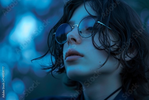 Young confident figure in glasses exuding a mature aura set against a deep blue background reflecting depth and wisdom