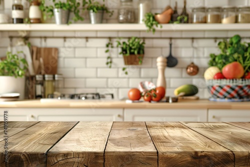 Wood table top serves as a stage for culinary creations against a softly blurred kitchen backdrop inviting imagination photo