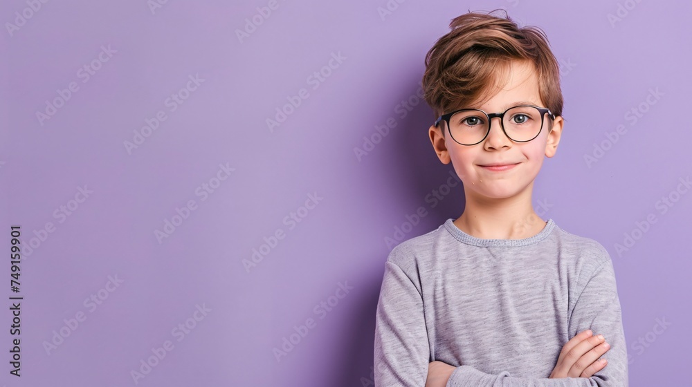Youngster in spectacles stands boldly exuding confidence with a soft lavender backdrop enhancing their determination
