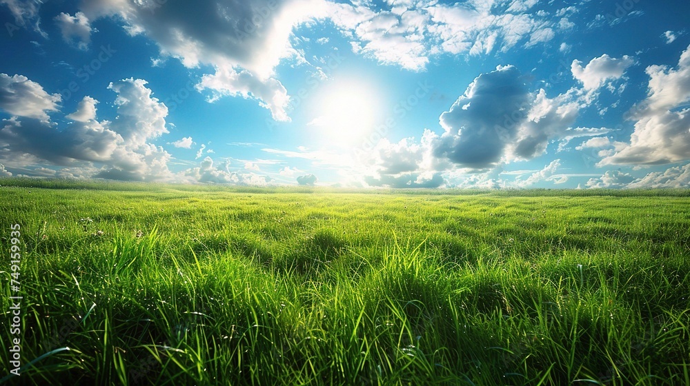 Green meadow under blue sky with clouds Green meadow under blue sky with clouds