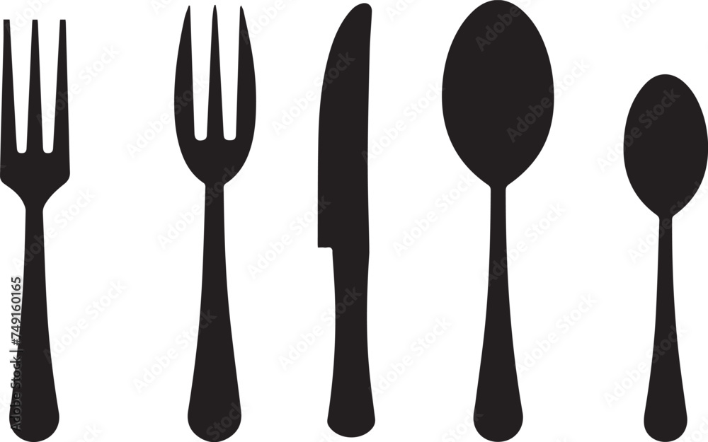 Set of Cutlery Icon Silhouette, Spoon Fork Knife black silhouettes on white background