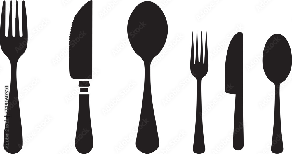 Set of Cutlery Icon Silhouette, Spoon Fork Knife black silhouettes on white background Set of Cutlery Icon Silhouette, Spoon Fork Knife black silhouettes on white background