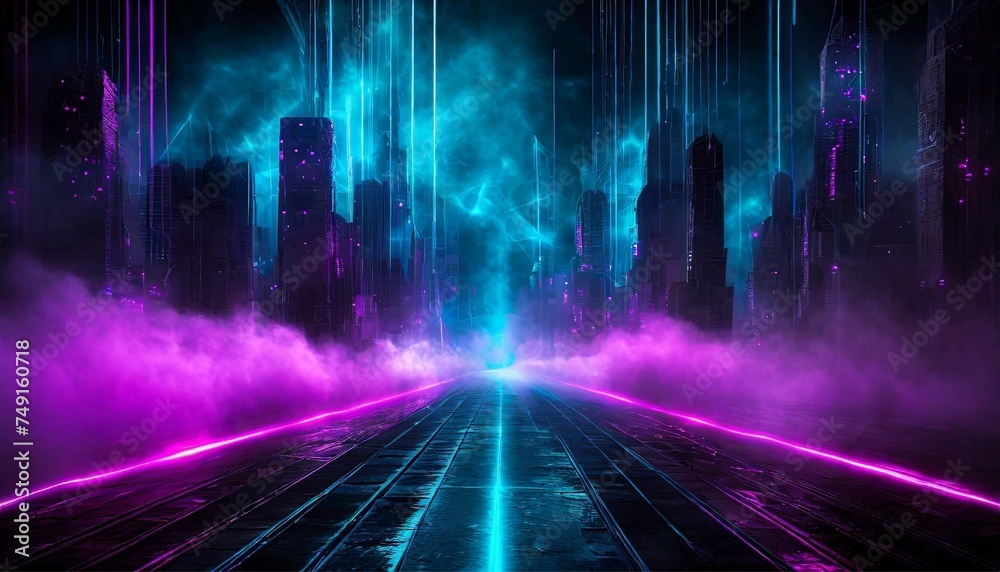  Futuristic cyberpunk cityscape with neon colors lights. Sci-fi background wallpaper.