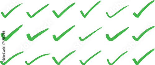 Green checkmarks, rows of checkmarks, completion symbols, success indicators, task completion, gridded layout, white background, digital graphic, positive reinforcement