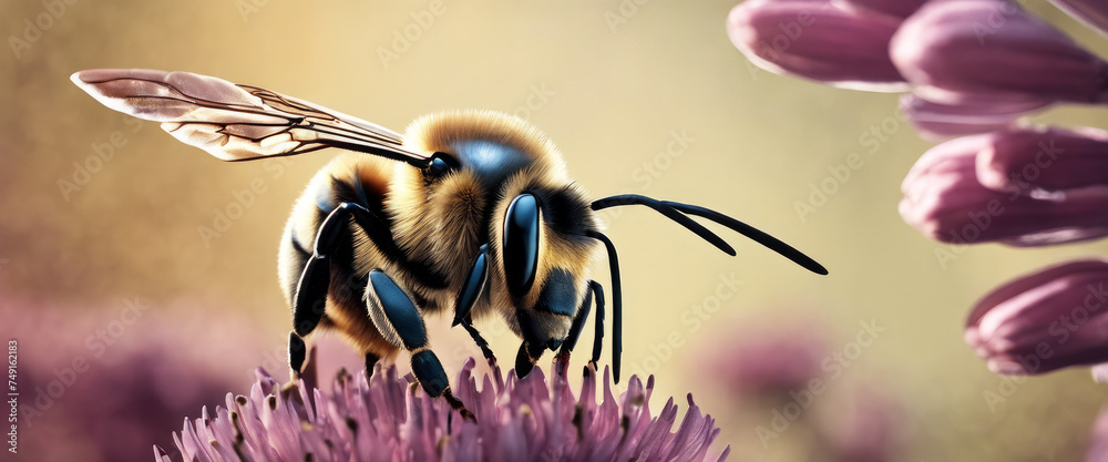 Bee pollinating a vibrant purple flower, both with intricate details.  - obrazy, fototapety, plakaty 