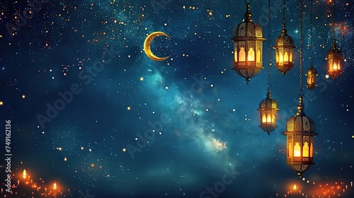 islamic greetings ramadan kareem card design template background with beautiful lanterns and crescent