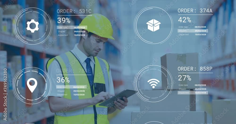 Animation of data processing and media icons over caucasian male worker using tablet in warehouse