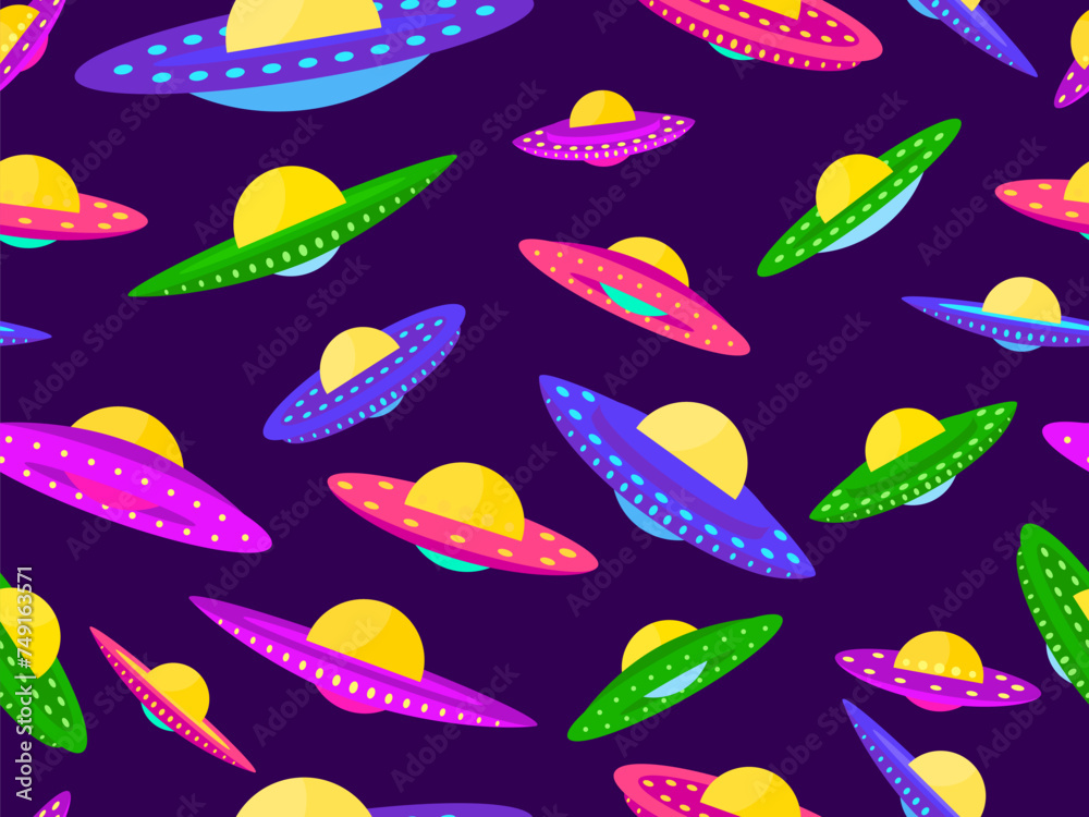Seamless pattern with multi-colored UFO space saucers. Background with alien spaceships and space flying saucers. Alien spaceships. Design for print, banners and advertising. Vector illustration Seamless pattern with multi-colored UFO space saucers. Background with alien spaceships and space flying saucers. Alien spaceships. Design for print, banners and advertising. Vector illustration