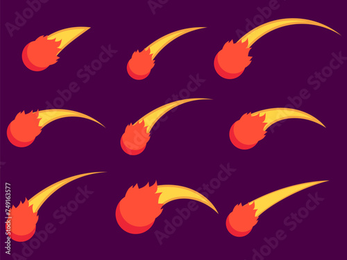 Falling meteorite icon set isolated. Flying comet with a tail, burning meteorite in a minimalist style. Collection of falling asteroids, space object. Vector illustration