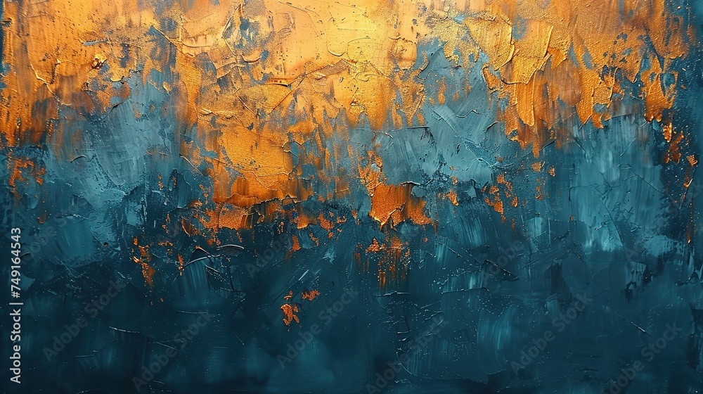 Modern abstract oil painting art design. Orange, gold, blue