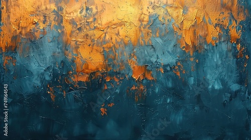 Modern abstract oil painting art design. Orange, gold, blue