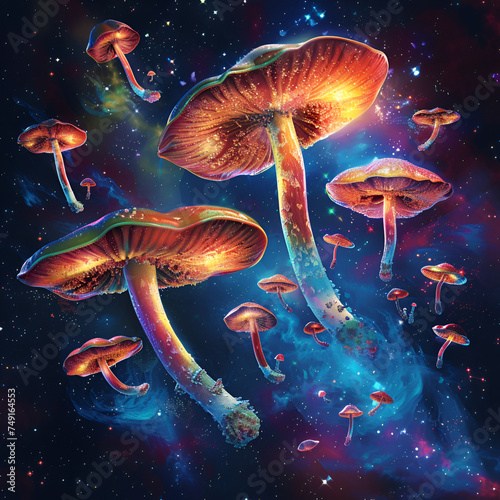 Colorful Mushrooms Flying in The Space Mushrooms in the Galaxy Artistic Style Painting