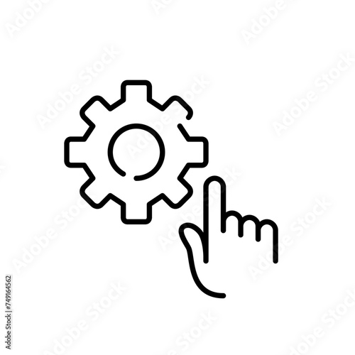 Pixel-perfect vector icon. Fingertip taps a cogwheel, capturing a tactile interaction. User-friendly settings adjustment