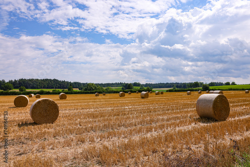 stubble field with haybales in rural Switzerland photo