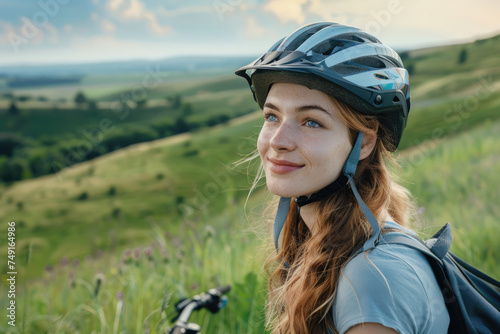 portrait of a beautiful model woman on a green summer hill wearing mountain bike riding clothes © Kien