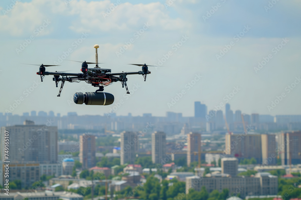 Copter drone carrying a bombshell above city at summer day. Neural network generated image. Not based on any actual scene or pattern. Copter drone carrying a bombshell above city at summer day. Neural network generated image. Not based on any actual scene or pattern.