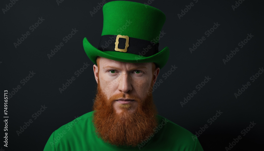 A man leprechaun wearing a green hat, on a green background with a shamrock. St. Patrick's Day celebrations background with copy space