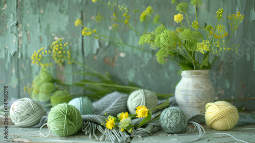 Yarn balls with spring flower thanksgiving background 