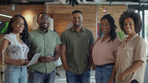 A group of young professionals stand together smiling in a modern office setting, embodying teamwork and cooperation.