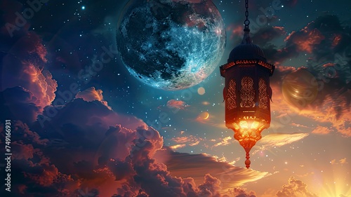 Islamic greeting Eid Mubarak cards for Muslim Holidays.Eid-Ul-Adha festival celebration . Ramadan Kareem background.Crescent Moon and Lantern Lightning in sky, copy Space - generative ai