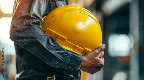 person holding a yellow safety helmet with their left hand, suggestive of a construction worker or engineer at a building site.