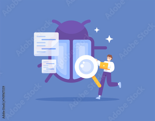 bug hunter or bug bounty concept. a software tester carries out tests and looks for bugs in a program. analysis and search for gaps in the system. illustration concept design. graphic elements. vector