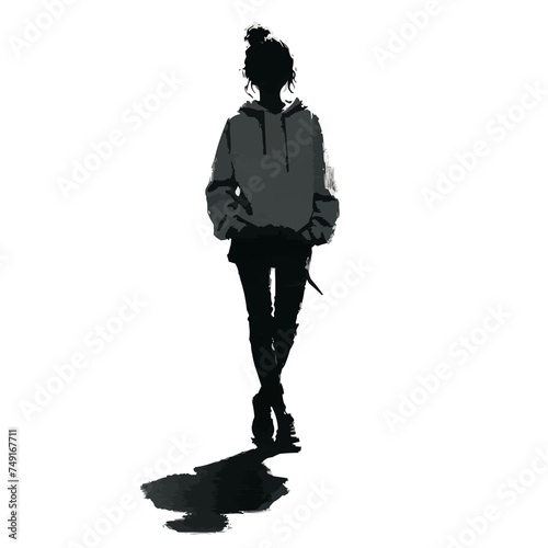 Silhouette of a Contemplative Young Woman Standing Alone, Solitary Figure with a Pensive Stance, Concept of Solitude and Reflection, Individual Contemplation, Isolated on White Background 