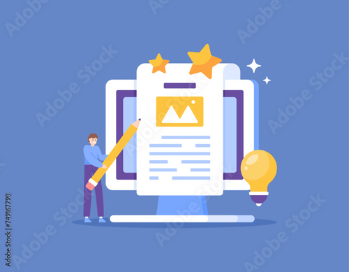 Copywriting concept. a copywriter is writing a text on a computer. create or write text for advertising purposes and attract customer interest. illustration concept design. graphic elements. vector