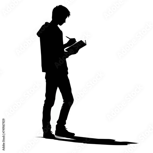 Silhouette of a Young Man Reading a Book, Male Figure Engrossed in Literature, Education and Learning Concept, Casual Reading Outdoors, Intellectual Leisure Activity Illustration
